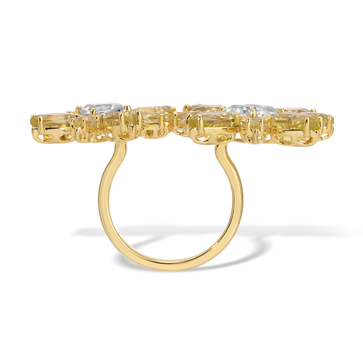 14KT Yellow Gold Lemon Quartz White Topaz Diamond Luxe Double Amaryllis Flower Ring