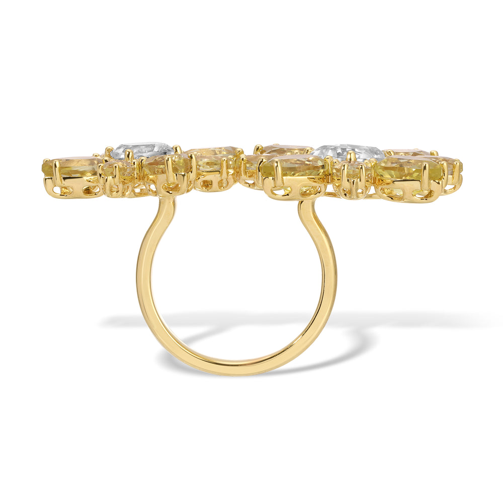 14KT Yellow Gold Lemon Quartz White Topaz Diamond Luxe Double Amaryllis Flower Ring