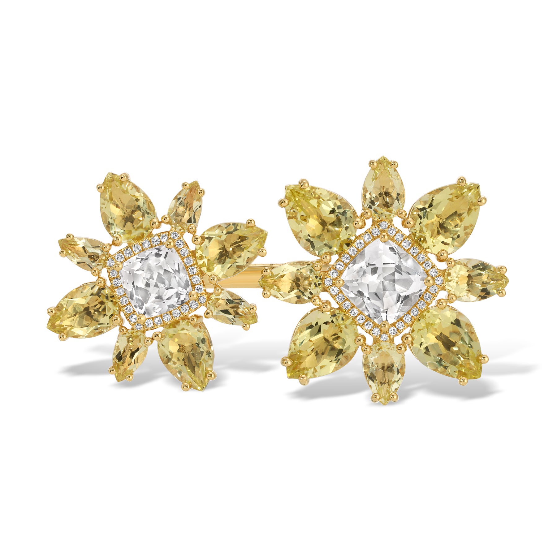 14KT Yellow Gold Lemon Quartz White Topaz Diamond Luxe Double Amaryllis Flower Ring