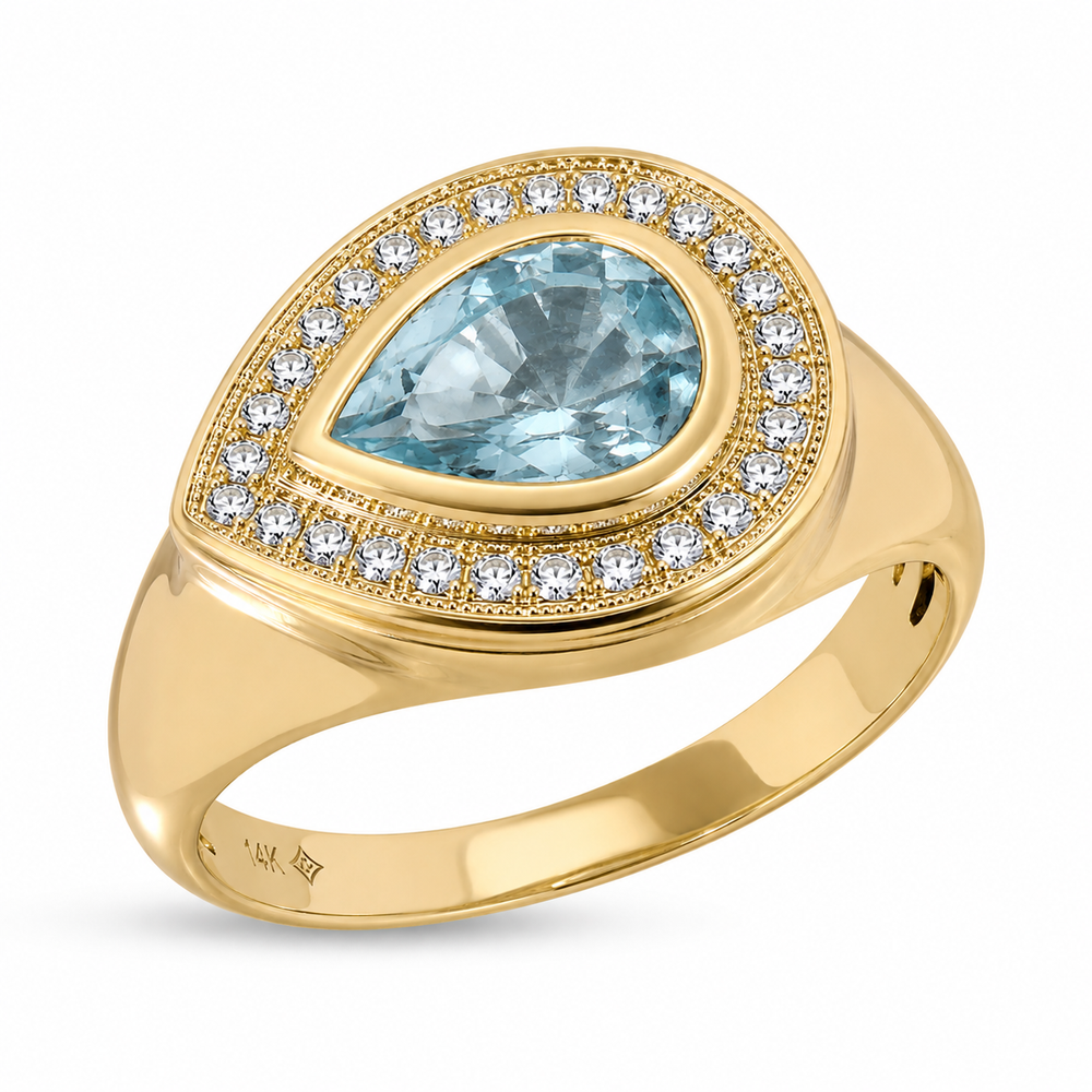 14KT Yellow Gold Pear Shaped  Aquamarine Diamond Azure Ring