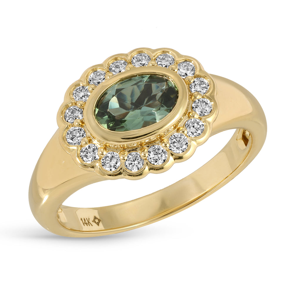 14KT Yellow Gold Apple Tourmaline Diamond Daisy Pinkie Ring