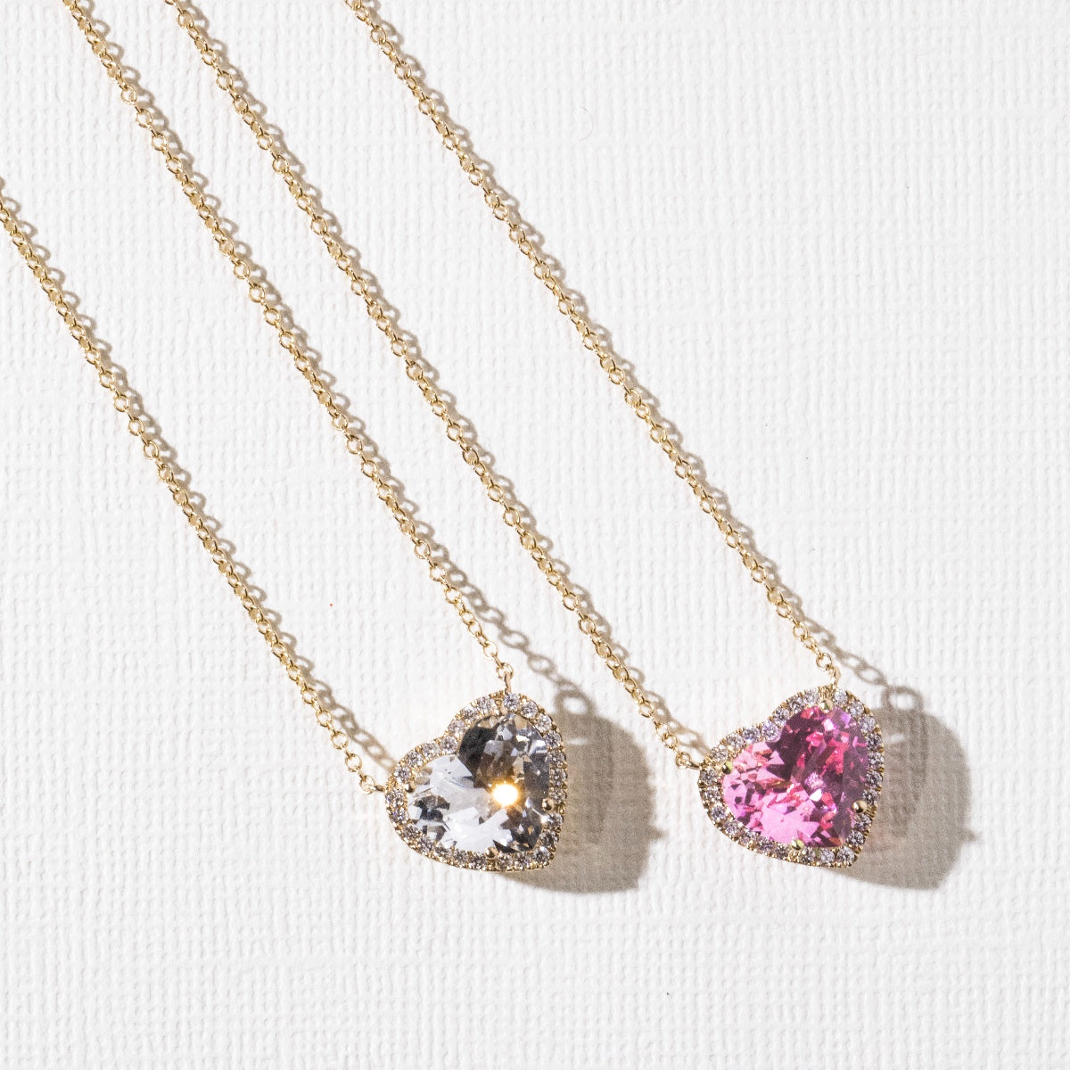 14KT Gold Topaz and Pink Topaz Diamond Heart Necklaces