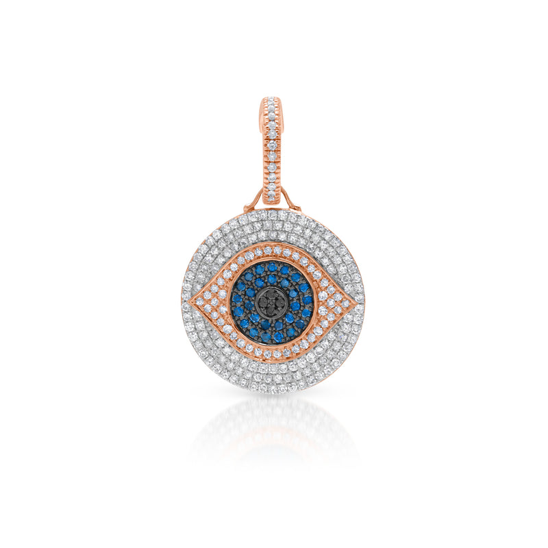 14KT Rose Gold Blue Diamond Evil Eye Charm Pendant with Diamond Clip on Bail