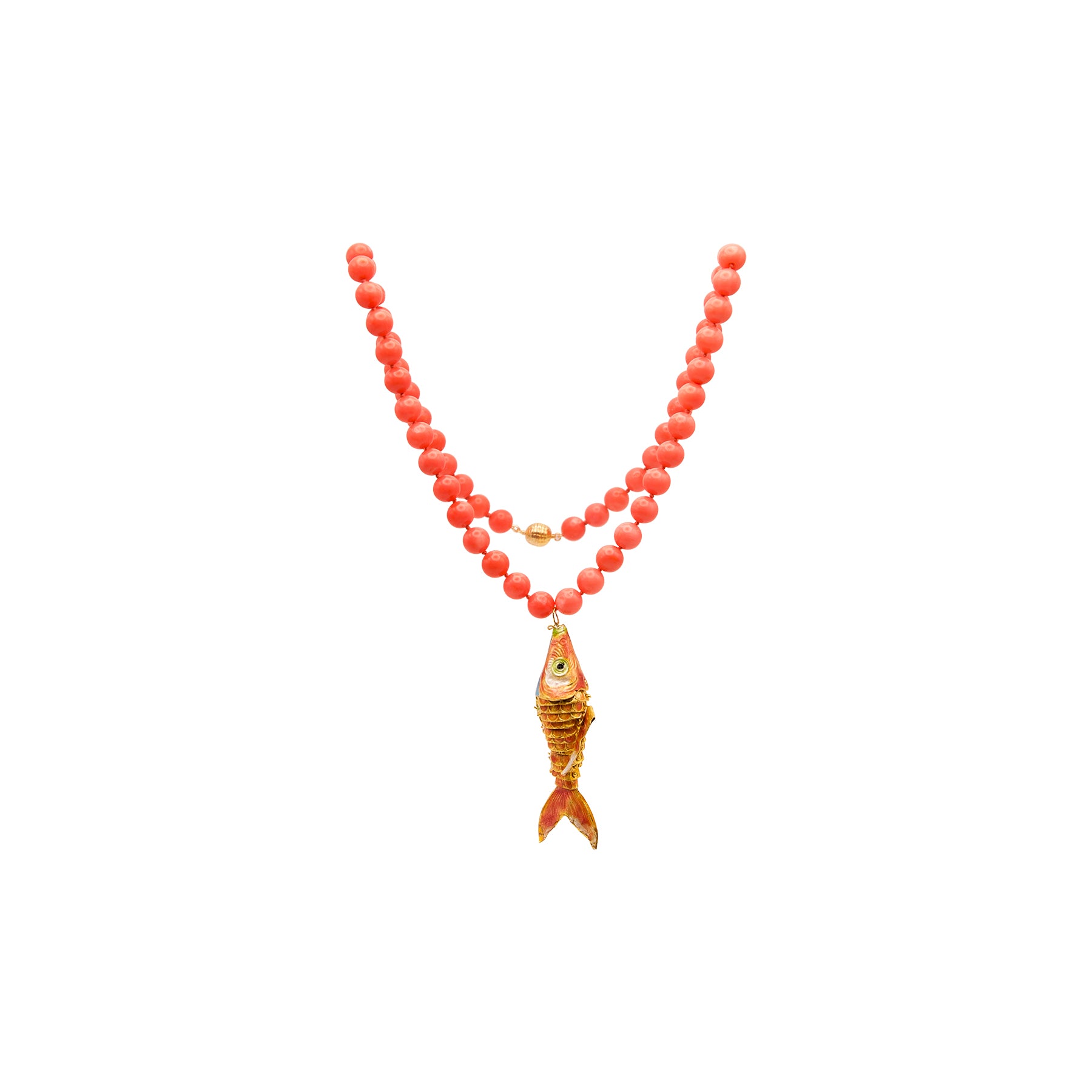 Bamboo Coral Rose Cloisonne Enamel Koi Necklace