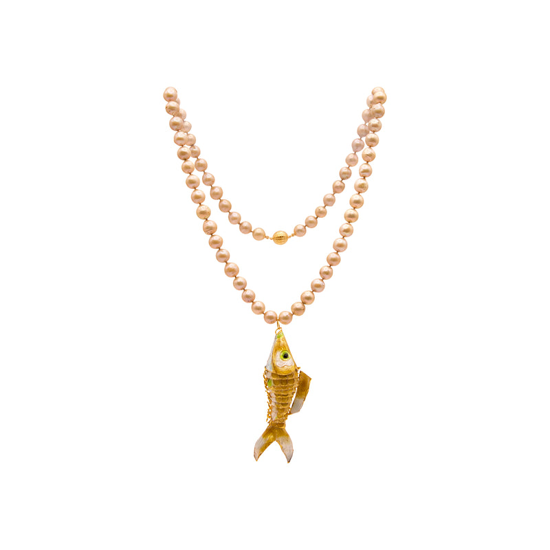 Champagne Pearl Gold Cloisonne Enamel Koi Necklace