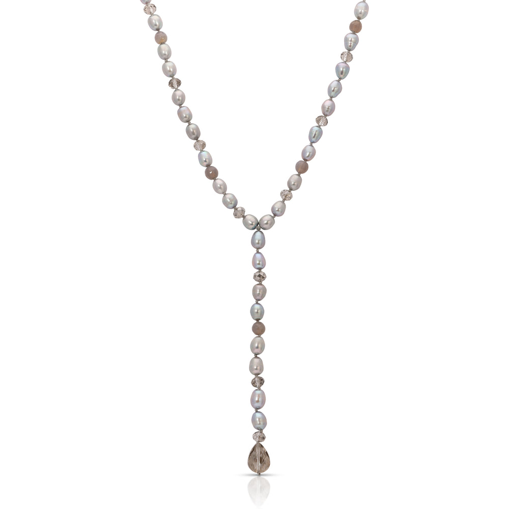 Grey Freshwater Pearl Faceted Chalcedony Crystal Lucia Lariat Necklace