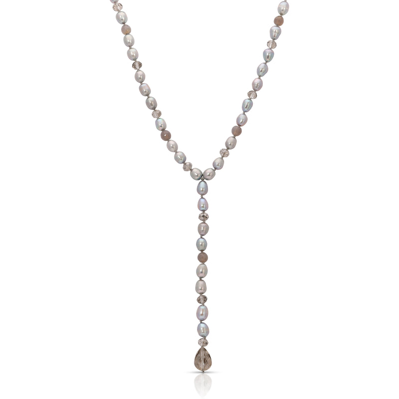 Grey Freshwater Pearl Faceted Chalcedony Crystal Lucia Lariat Necklace