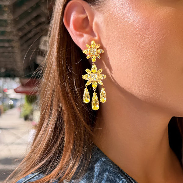 18KT Yellow Gold Lemon Quartz White Topaz Diamond Luxe Amaryllis Earrings
