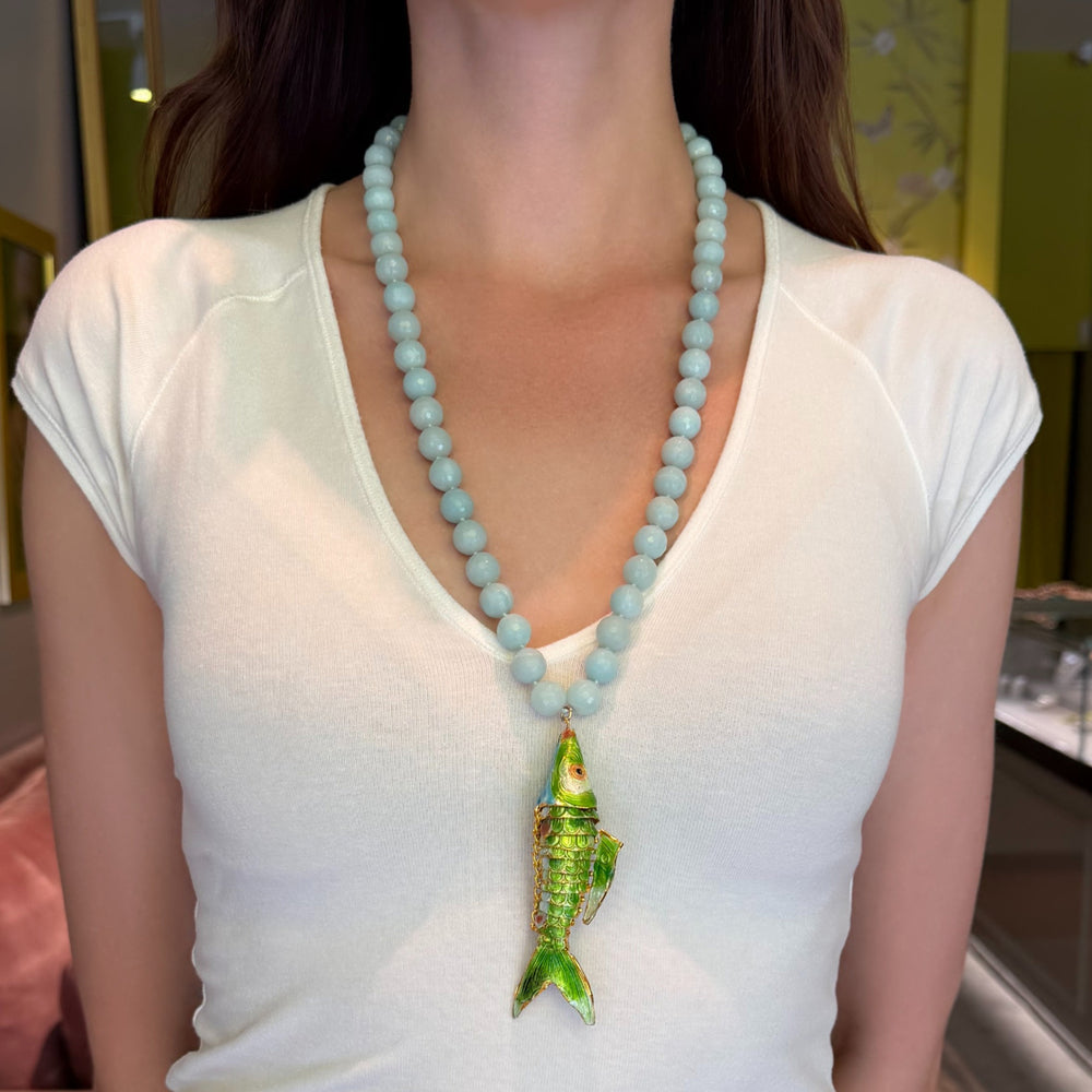 Faceted Amazonite Green Cloisonne Enamel Koi Necklace