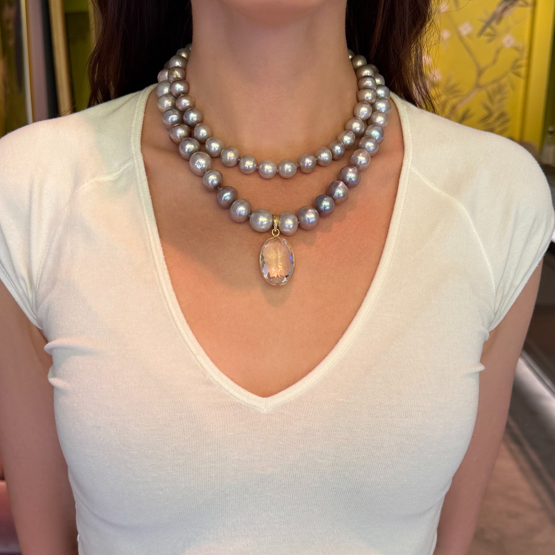 Grey Pearl Oval Crystal Necklace
