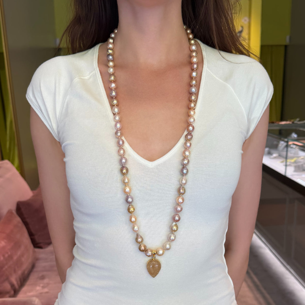 Pink Pearl Crystal Pear Drop Charm Necklace