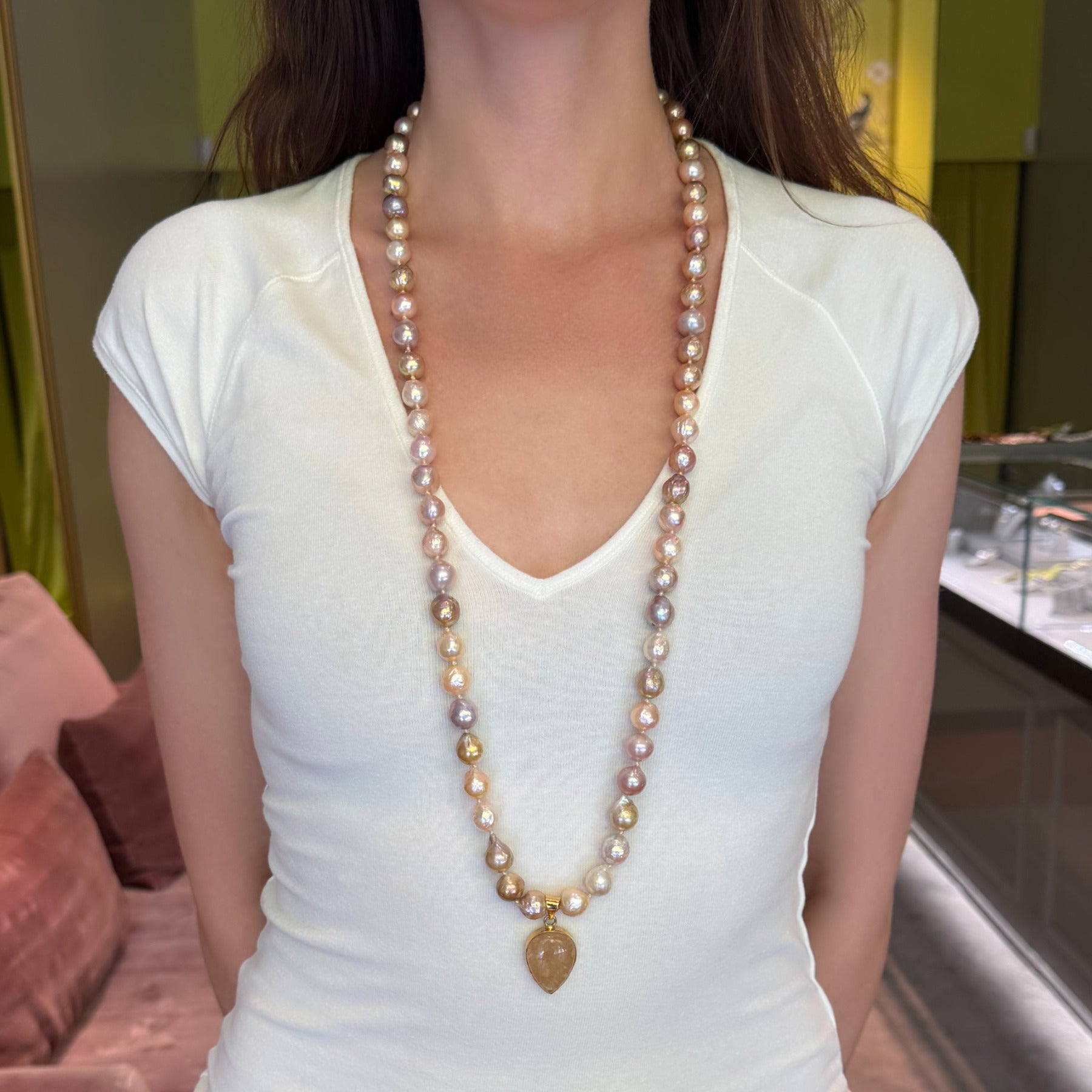 Pink Pearl Crystal Pear Drop Charm Necklace