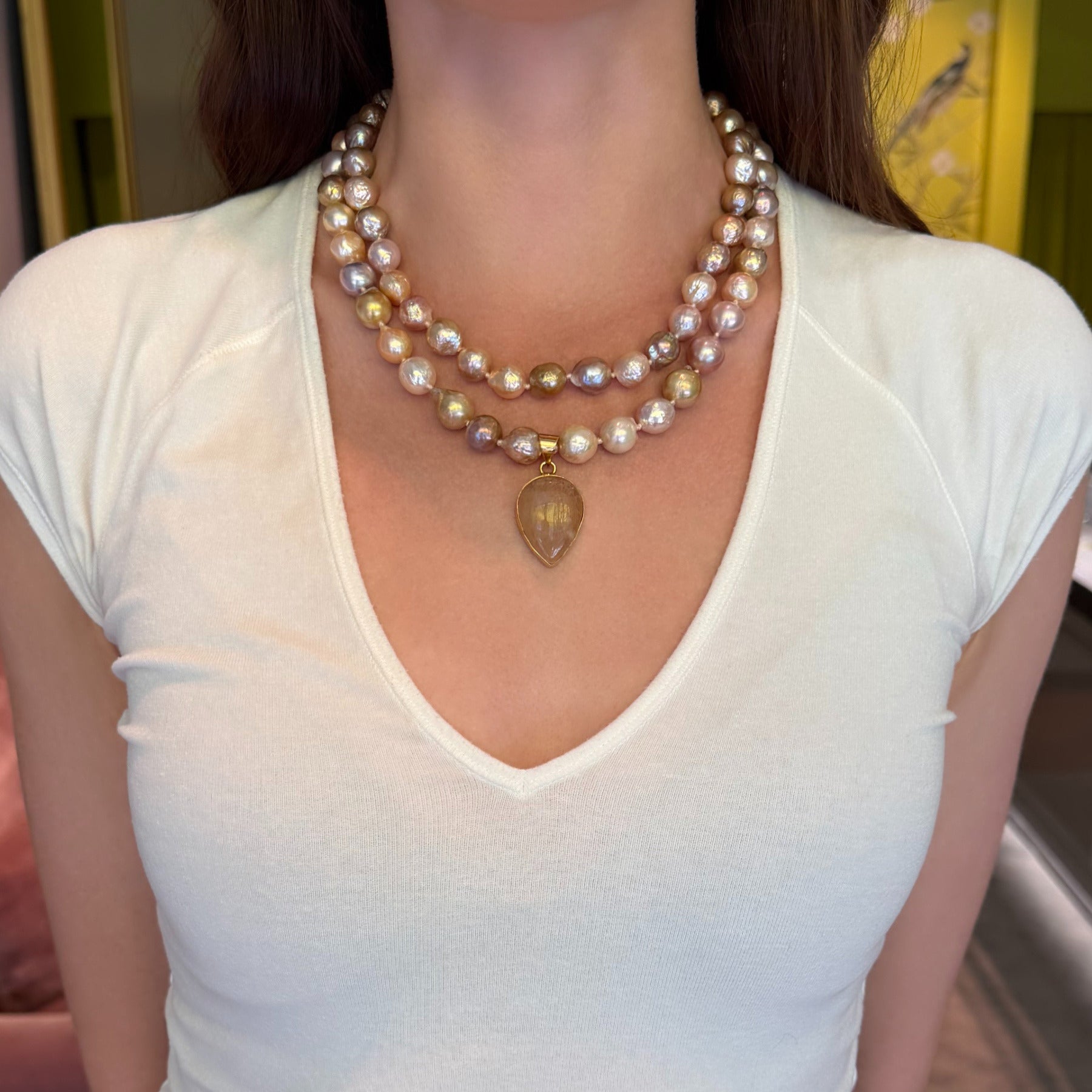Pink Pearl Crystal Pear Drop Charm Necklace