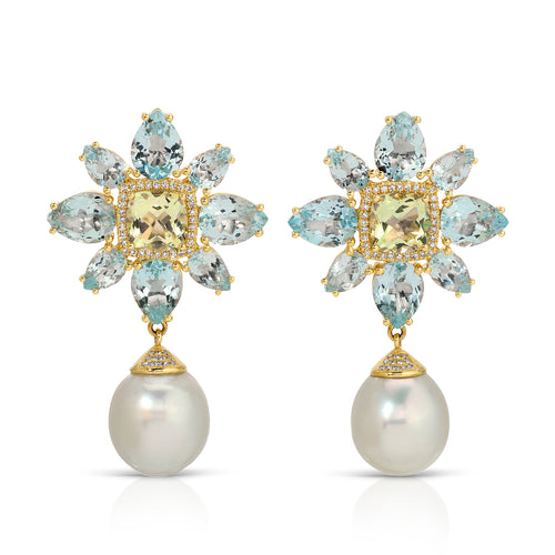 14KT Yellow Gold Blue Topaz Green Amethyst South Sea Pearl Amaryllis Earrings