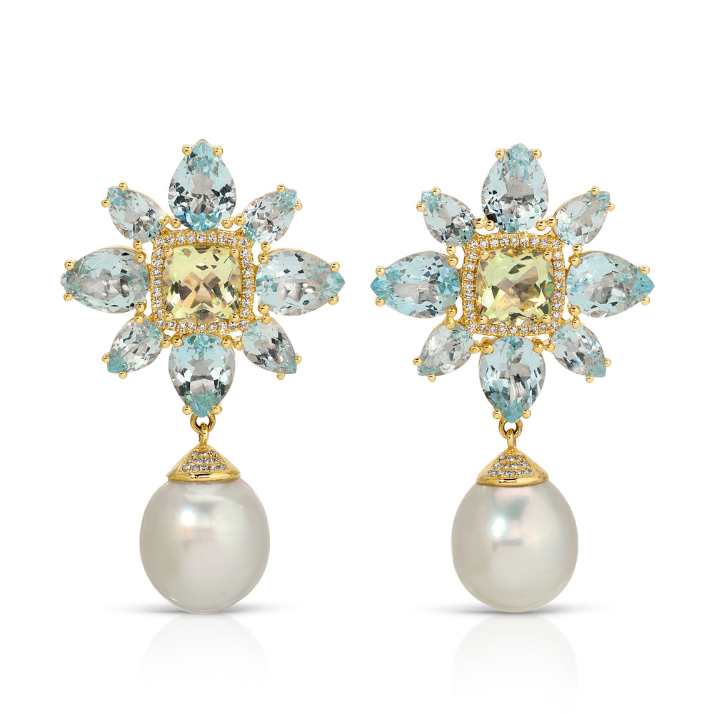 14KT Yellow Gold Blue Topaz Green Amethyst South Sea Pearl Amaryllis Earrings