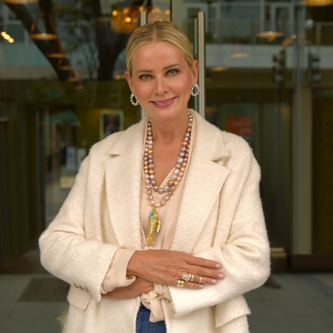 Anne wearing Medium Gold & Pink Baroque  Freshwater Pearl Necklace