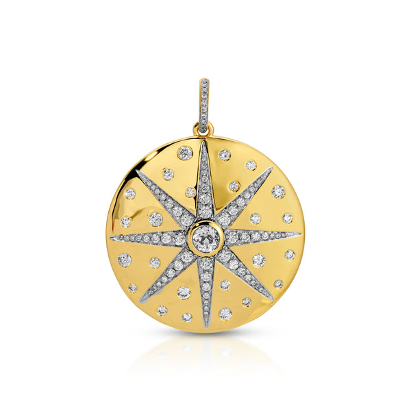 14KT Yellow Gold Diamond White Topaz Sunburst Charm with Diamond Clip on Bail