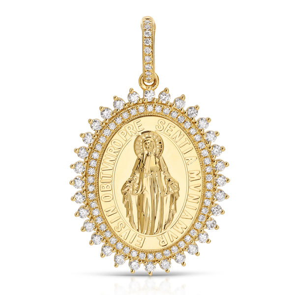 14KT Yellow Gold Diamond Blessed Virgin Mary Charm with Diamond Clip on Bail