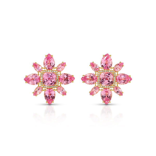 14KT Yellow Gold Pink Topaz Diamond Small Amaryllis Earrings