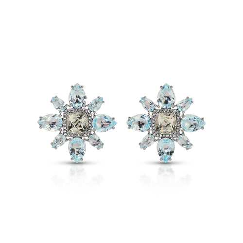 14KT White Gold Blue Topaz Green Amethyst Diamond Small Amaryllis Earrings