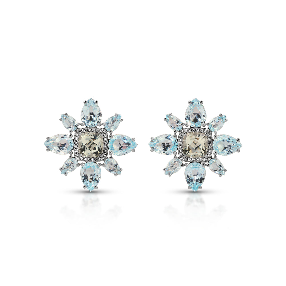 14KT Yellow Gold Blue Topaz Green Amethyst Small Amaryllis Earrings