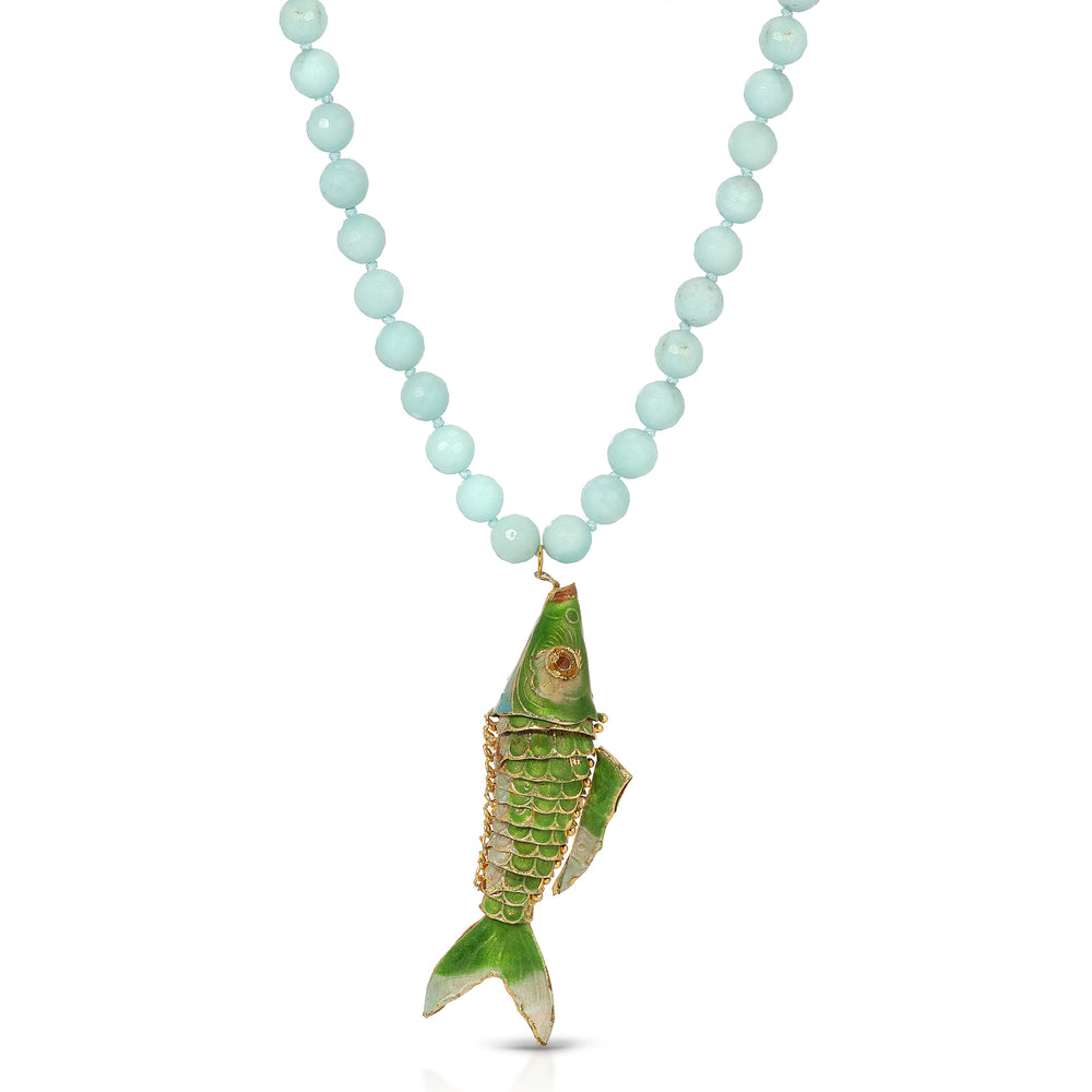 Faceted Amazonite Green Cloisonne Enamel Koi Necklace