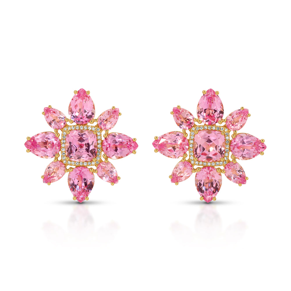 14KT Yellow Gold Pink Topaz Diamond Large Amaryllis Earrings
