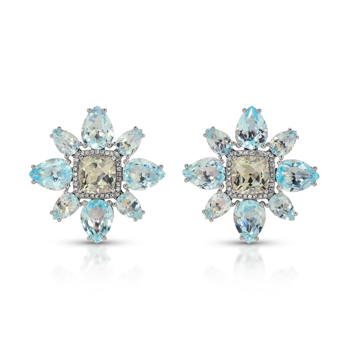 14KT Yellow Gold Blue Topaz Green Amethyst Large Amaryllis Earrings