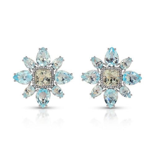 14KT White Gold Blue Topaz Green Amethyst Diamond Large Amaryllis Earrings
