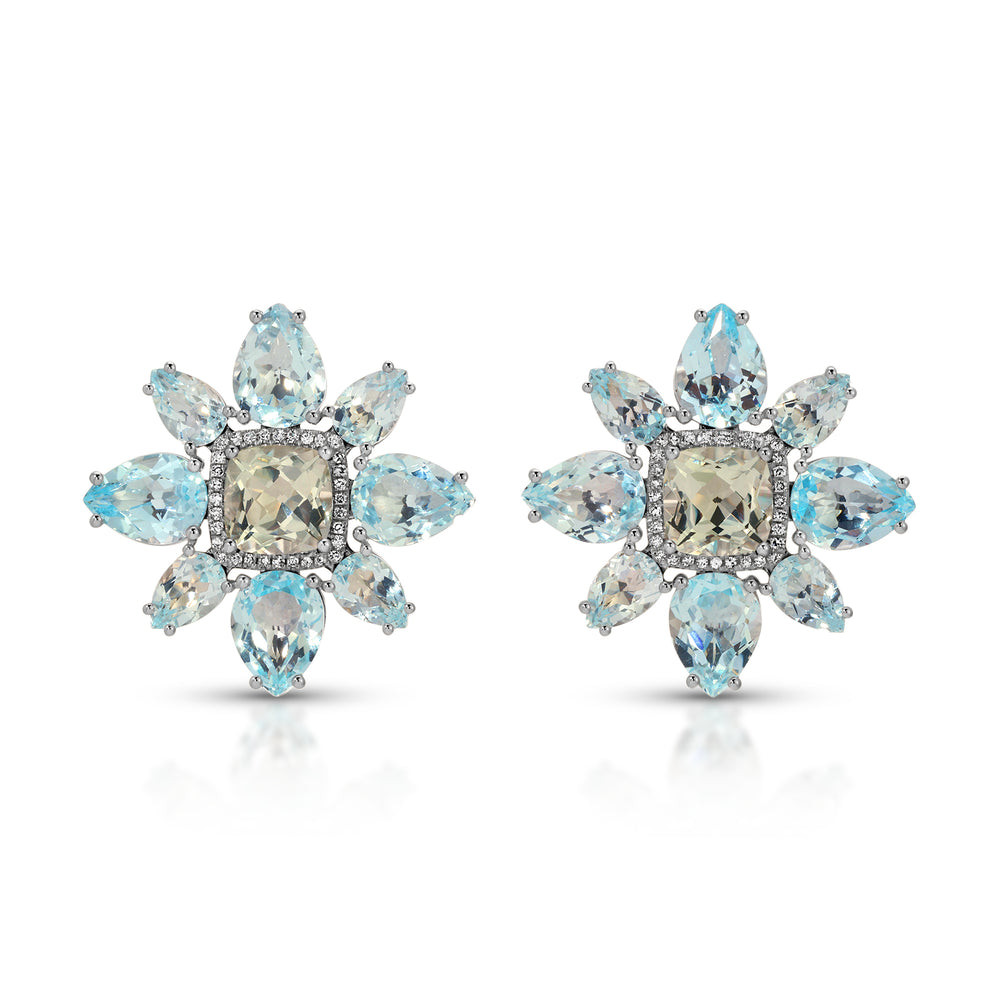 14KT Yellow Gold Blue Topaz Green Amethyst Large Amaryllis Earrings