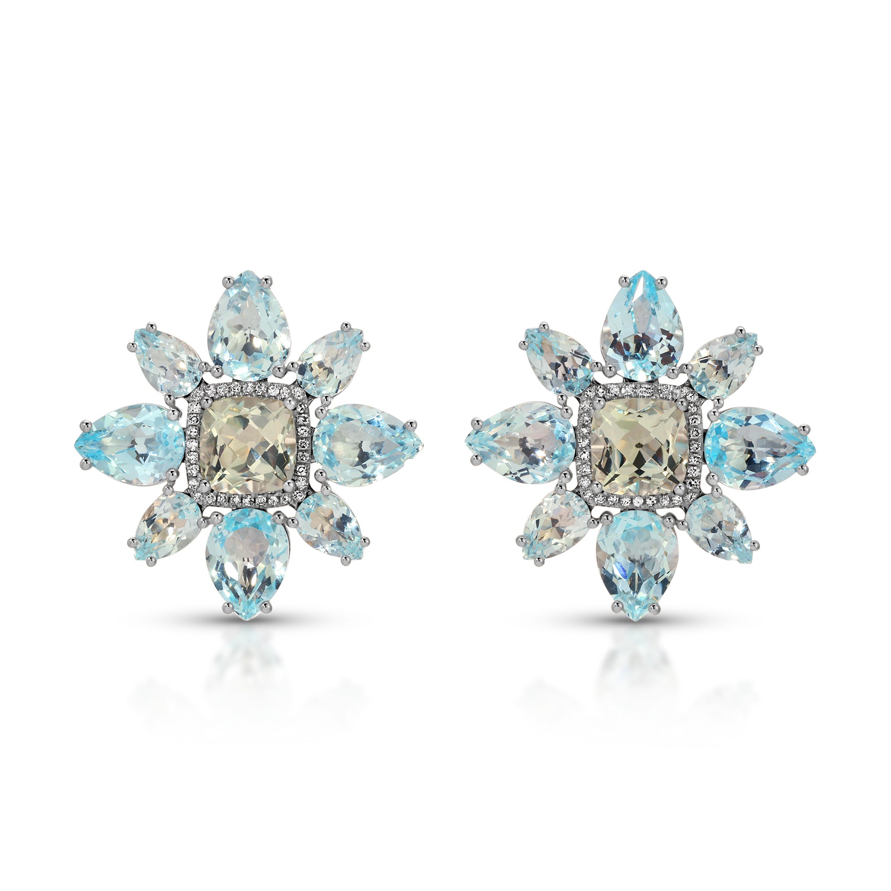 14KT Yellow Gold Blue Topaz Green Amethyst Large Amaryllis Earrings