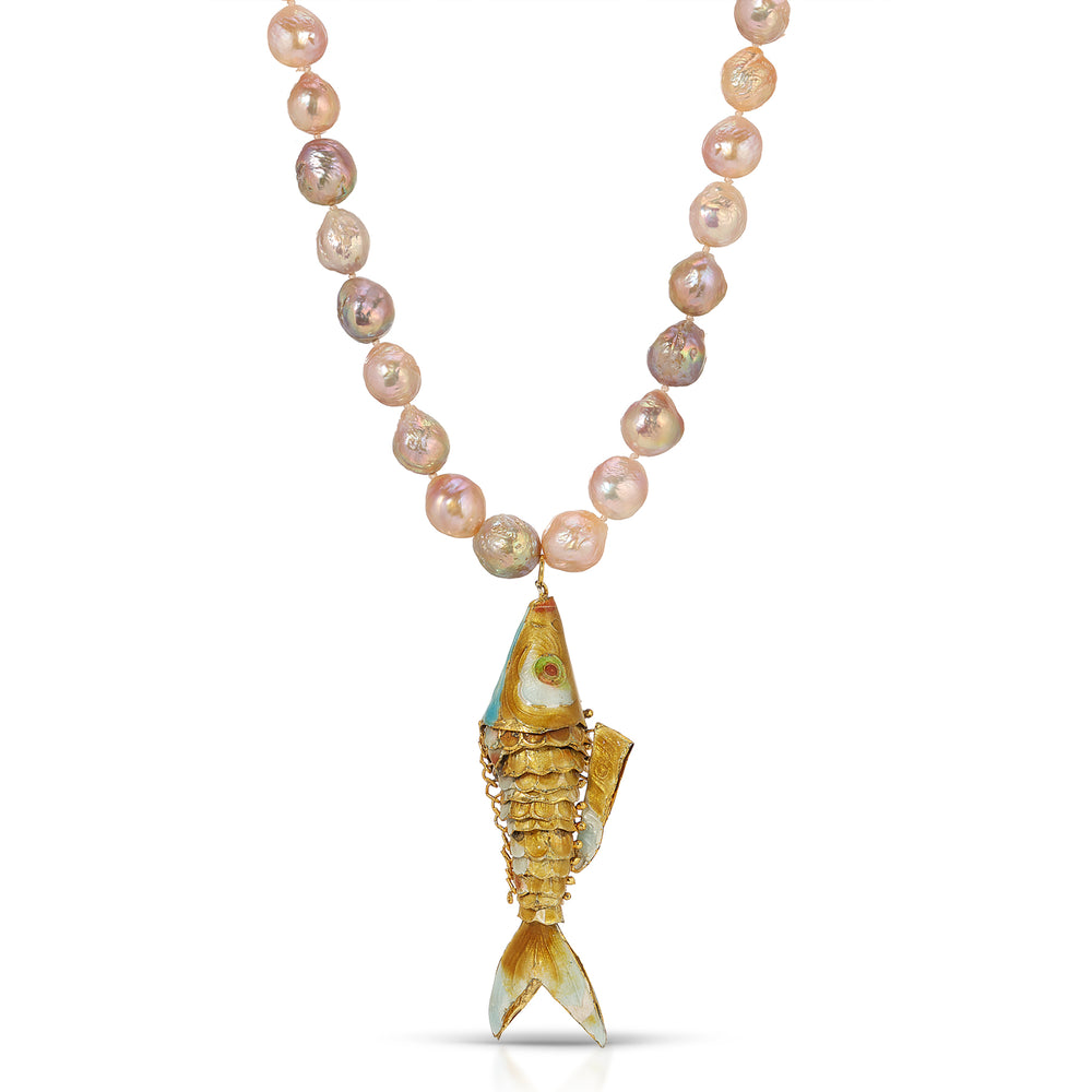 Baroque Gold & Pink Freshwater Pearl Gold Cloisonne Enamel Koi Necklace