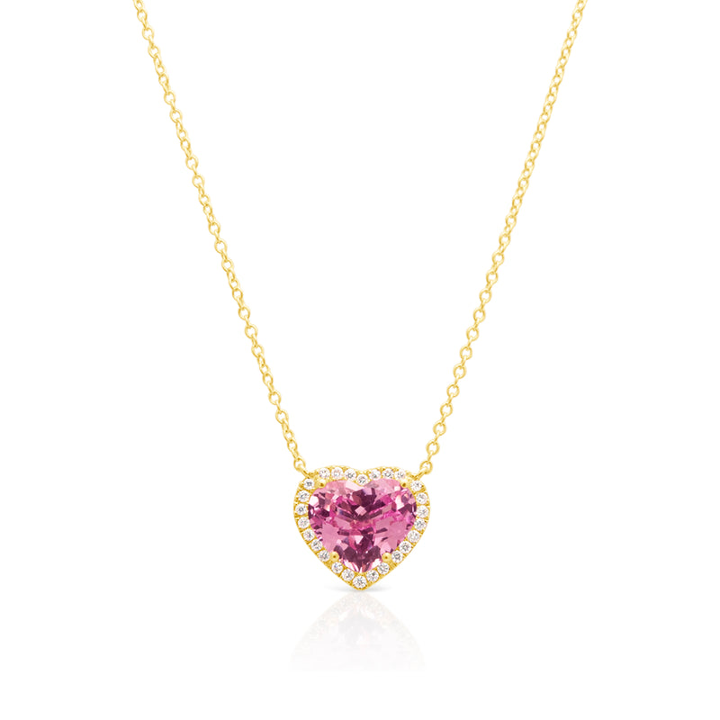 14KT Yellow Gold Pink Topaz Diamond Heart Necklace