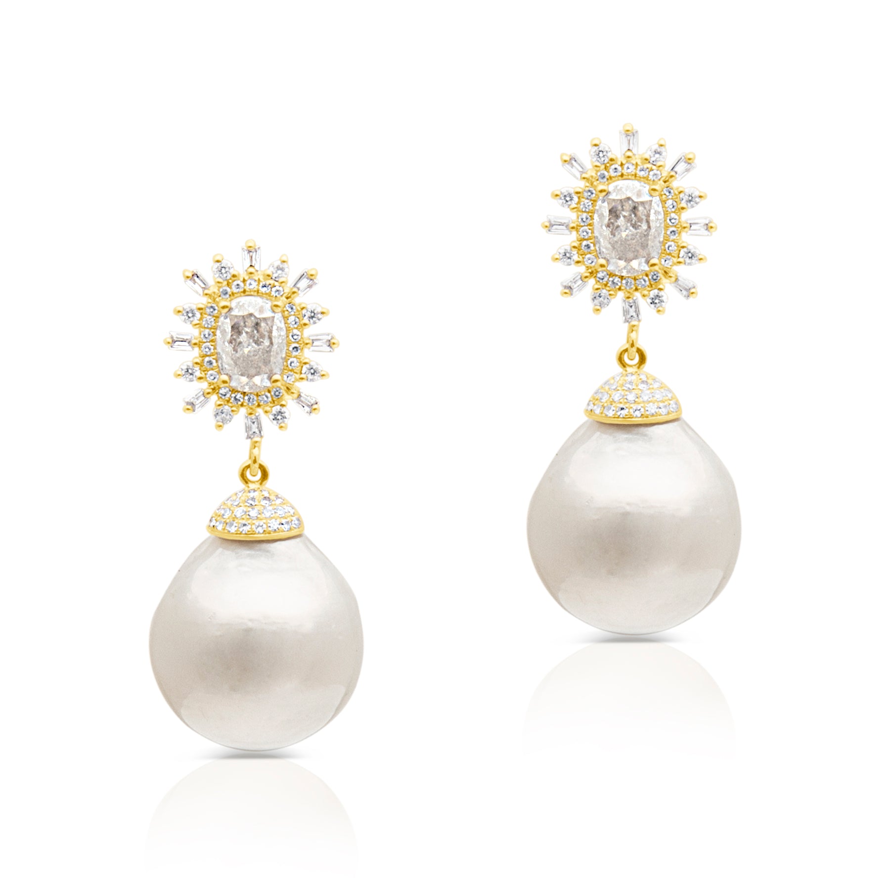 14KT Yellow Gold Grey Pearl Rosecut Baguette Diamond Earrings