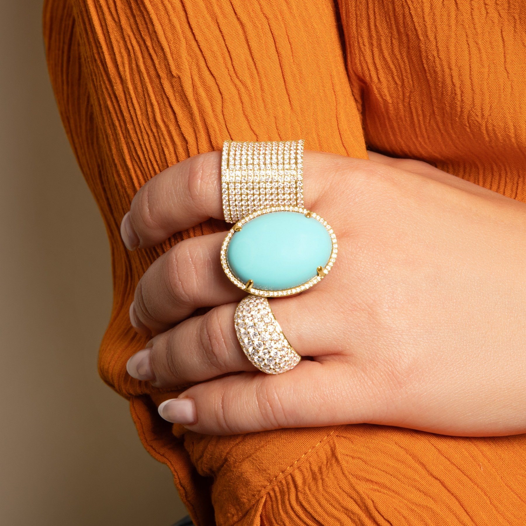 Luxe Diamond Square Ring, Oval Turquoise Cocktail Ring, Diamond Dome Ring worn on model