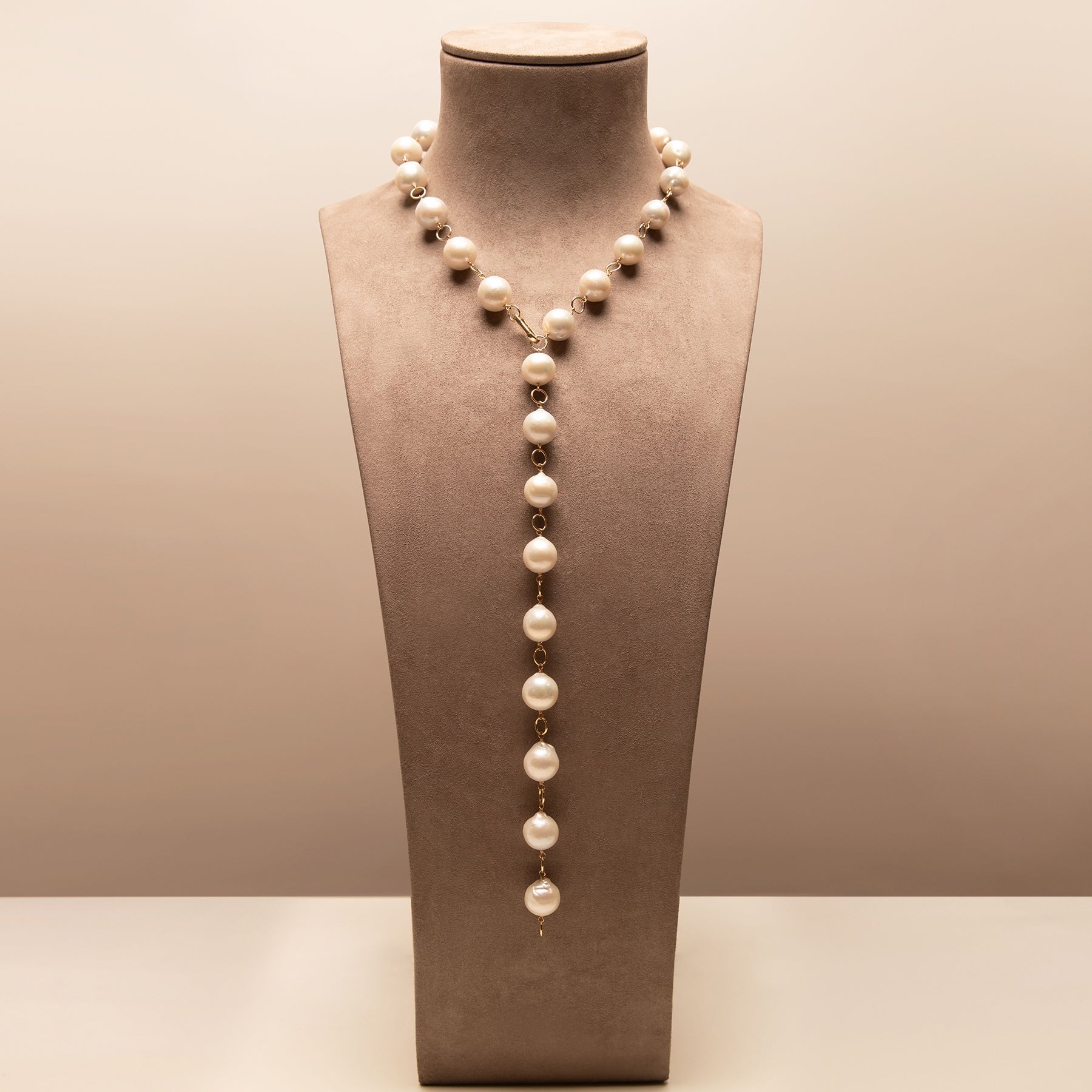 14KT Yellow Gold Link White Pearl Baroque Lariat Necklace