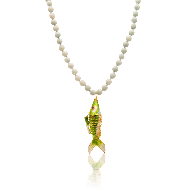 Faceted Amazonite Green Cloisonne Enamel Koi Necklace