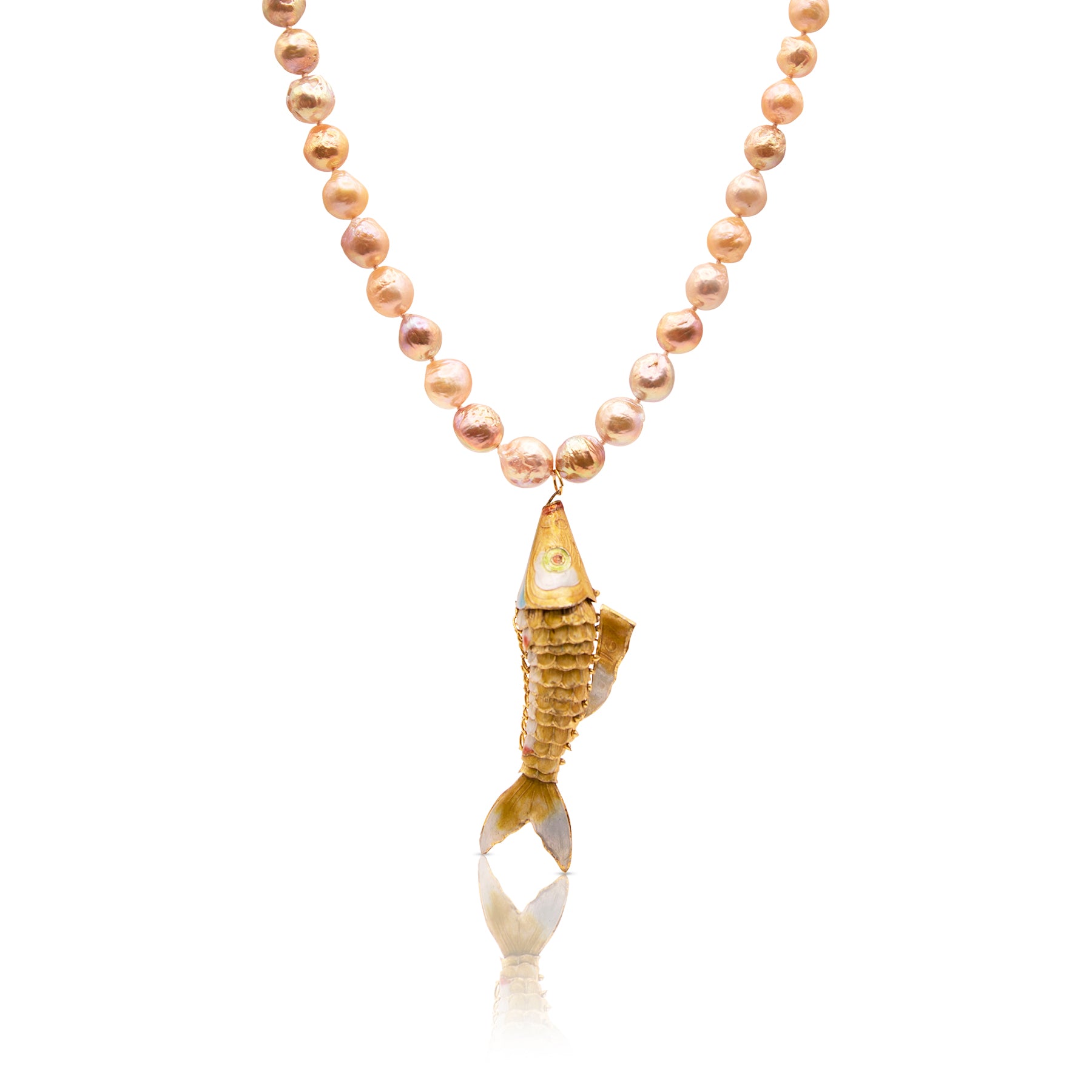 Baroque Gold & Pink Freshwater Pearl Gold Cloisonne Enamel Koi Necklace