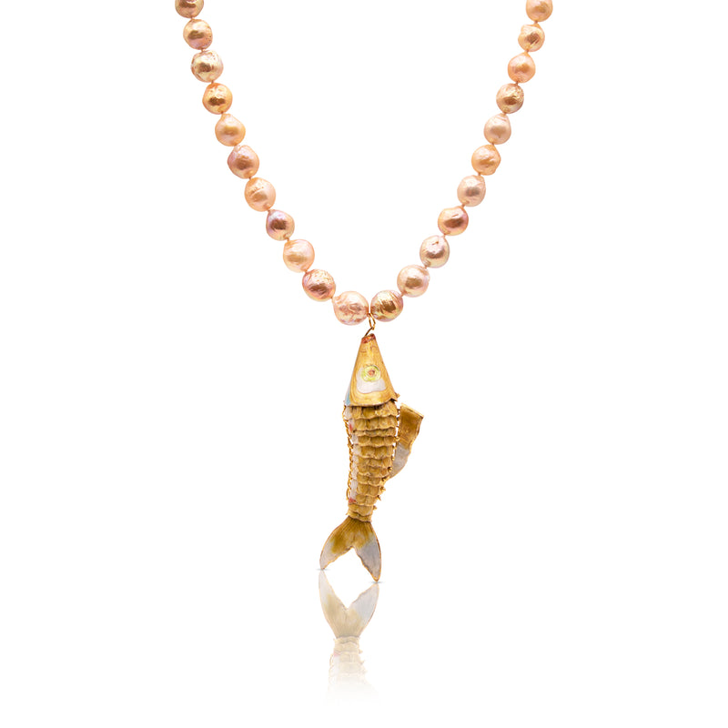 Baroque Gold & Pink Freshwater Pearl Gold Cloisonne Enamel Koi Necklace