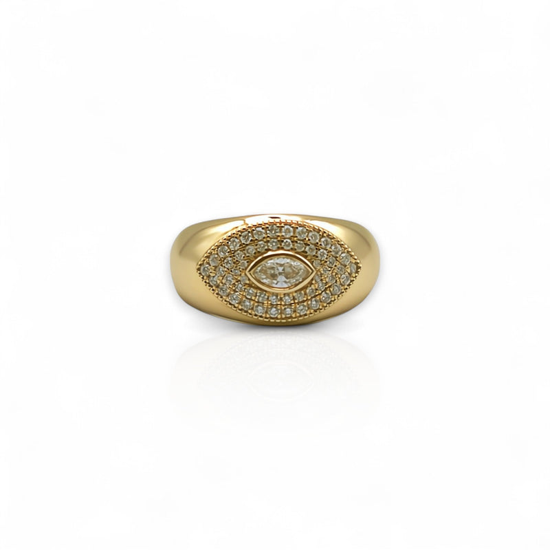 14KT Yellow Gold Diamond Evil Eye Signet Ring
