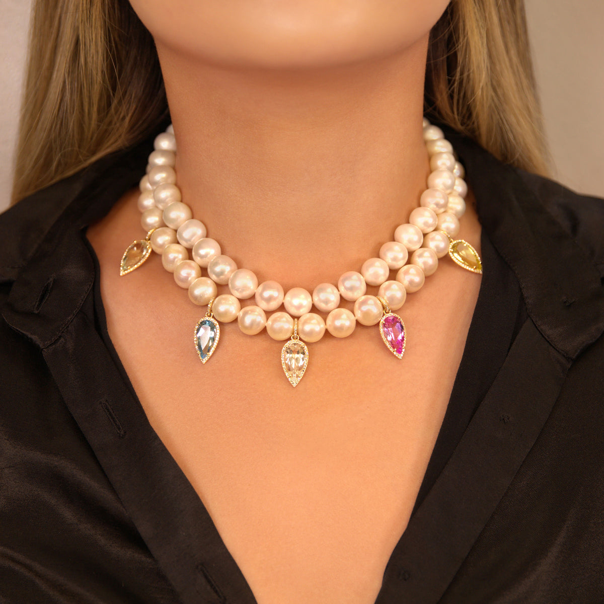 Colored Pear Drop Diamond Charms on Olivia Pearl Necklace