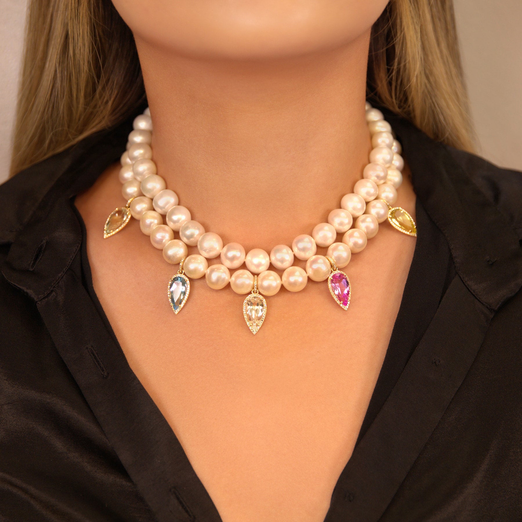 Colored Pear Drop Diamond Charms on Olivia Pearl Necklace