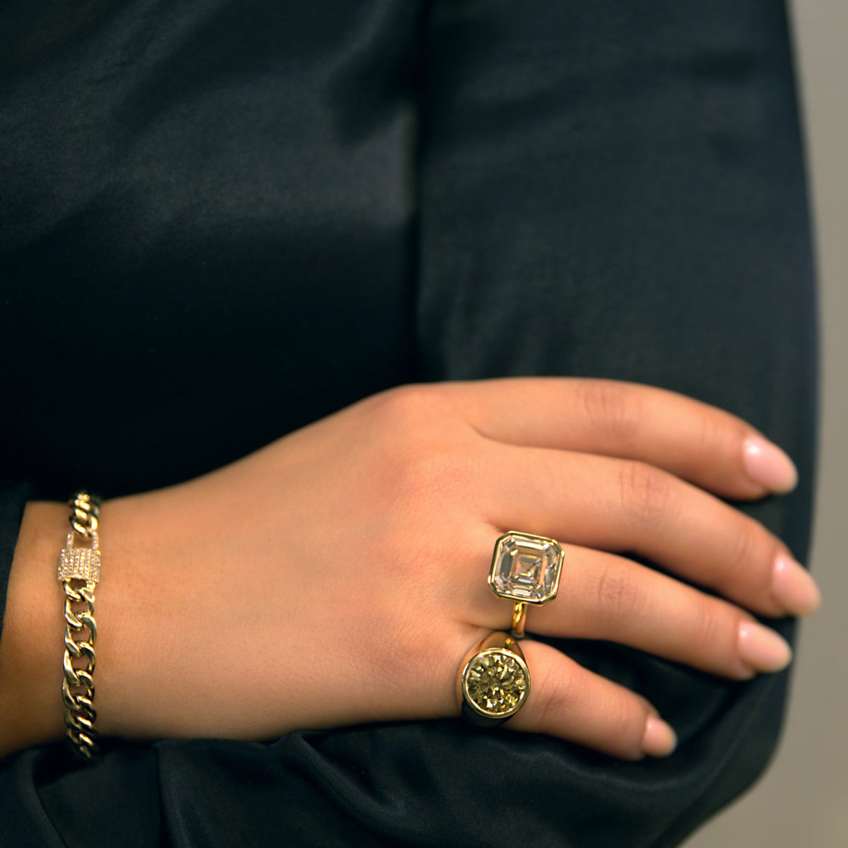 9.22ct Asscher Cut Lab Grown Diamond Ring Set in 18KT Yellow Gold & 5ct Round Cut Yellow Lab Grown Diamond Ring Set in 18KT Yellow Gold