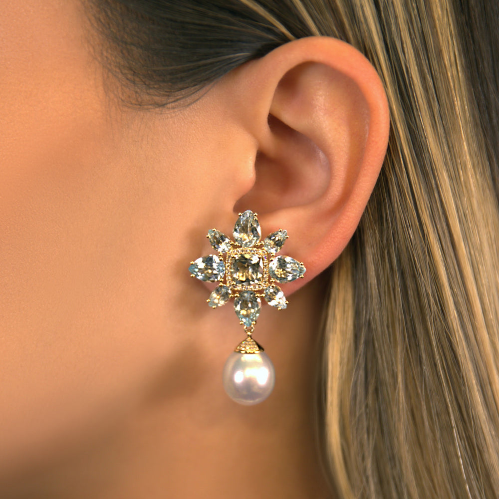 14KT Yellow Gold Blue Topaz Green Amethyst South Sea Pearl Amaryllis Earrings
