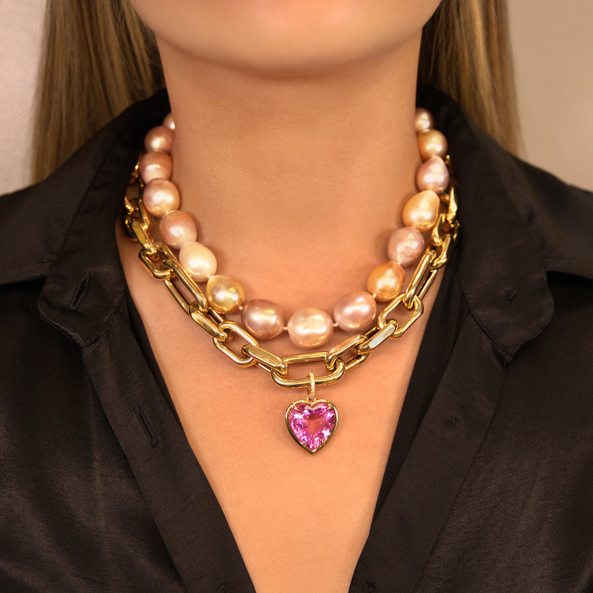 Elongated Pink Pearl Necklace & 14KT Yellow Gold Pink Topaz Diamond Heart Charm