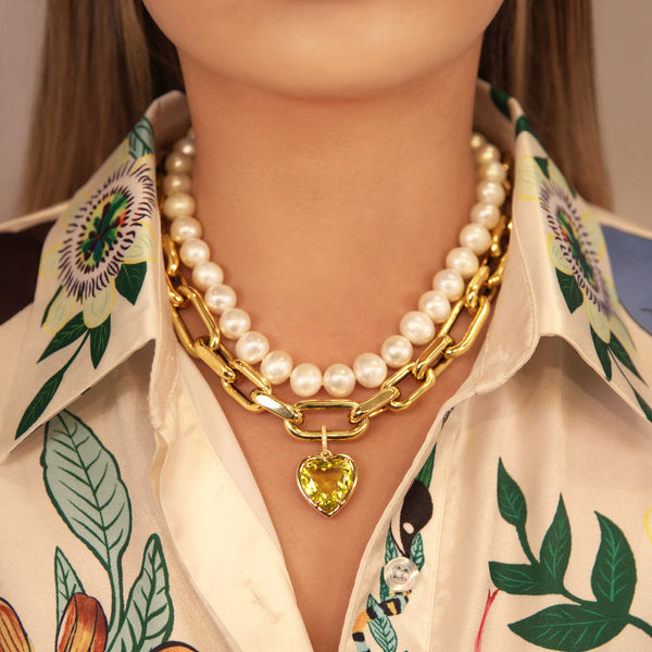 14KT Yellow Gold Lemon Quartz Diamond Heart Charm