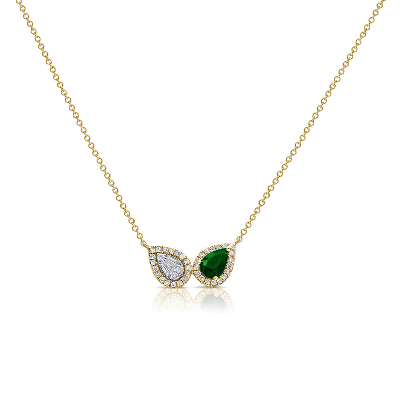 14KT Yellow Gold Baguette Diamond Emerald Pear Necklace