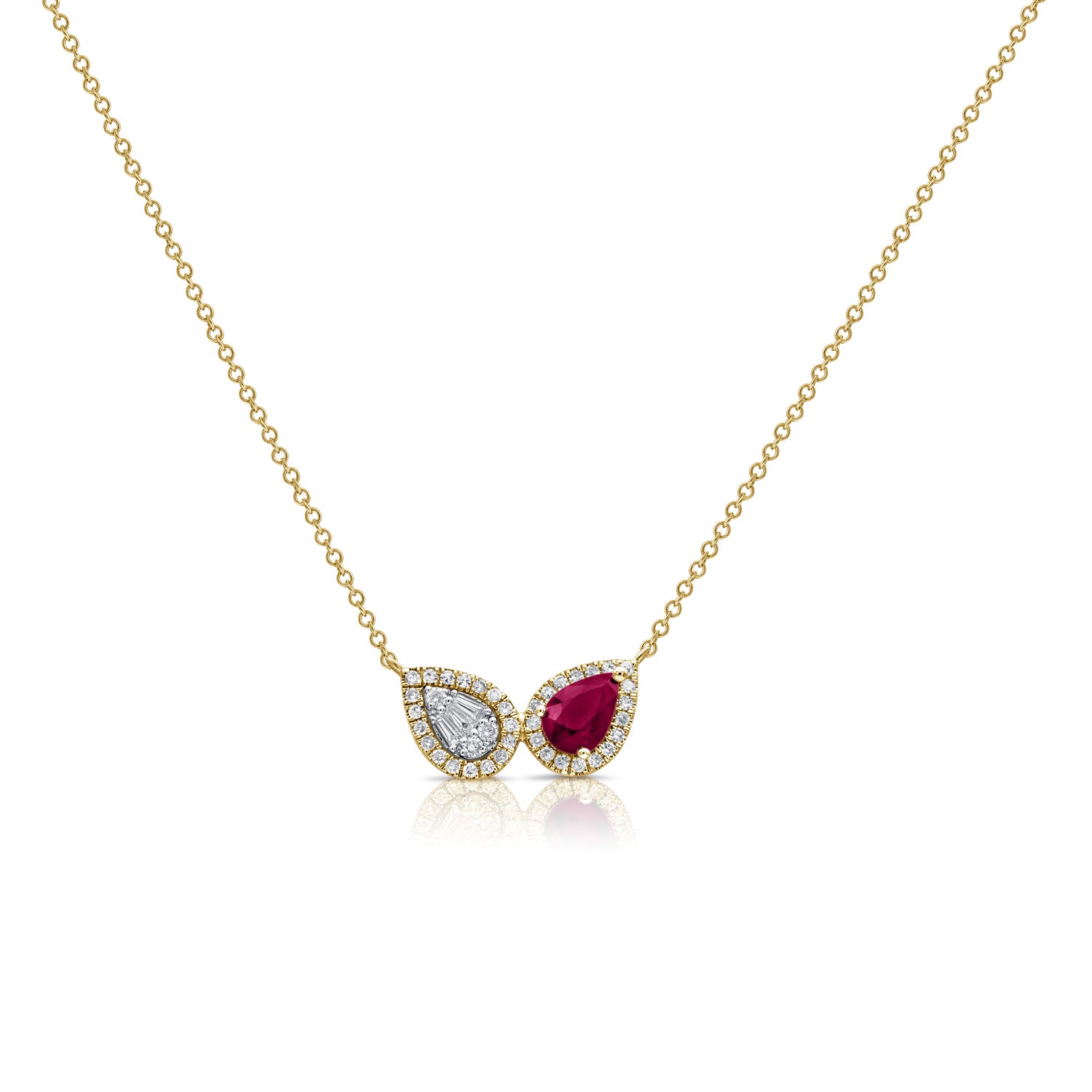 14KT Yellow Gold Baguette Diamond Pink Sapphire Pear Necklace