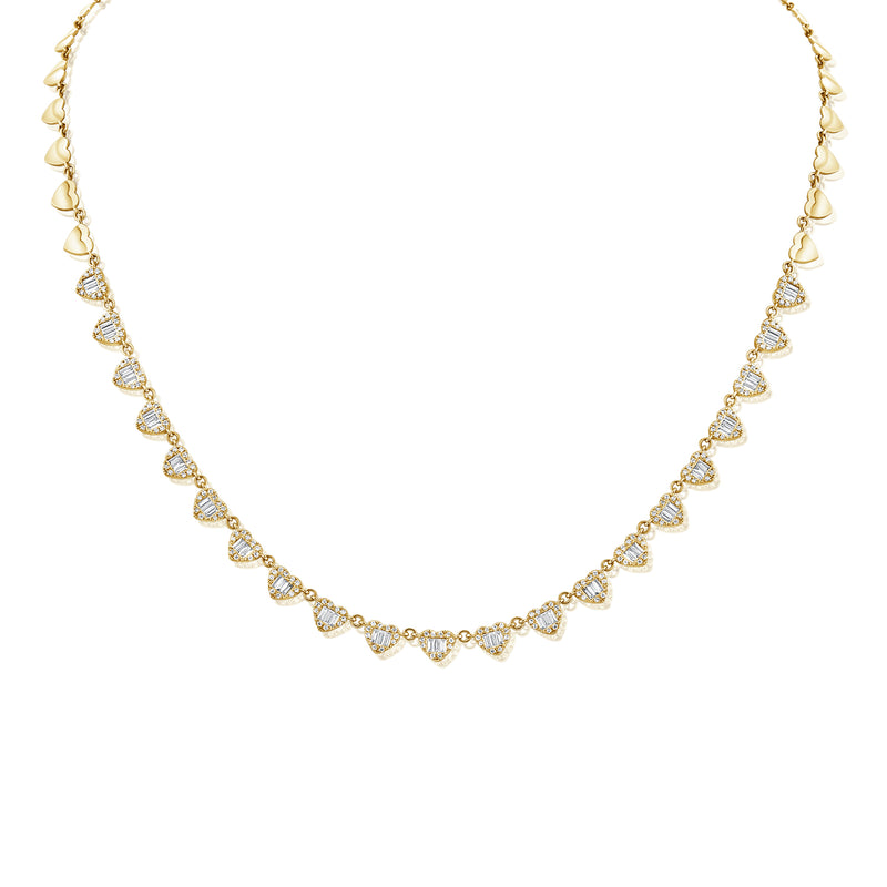 14KT Yellow Gold Baguette Diamond Hearts Necklace