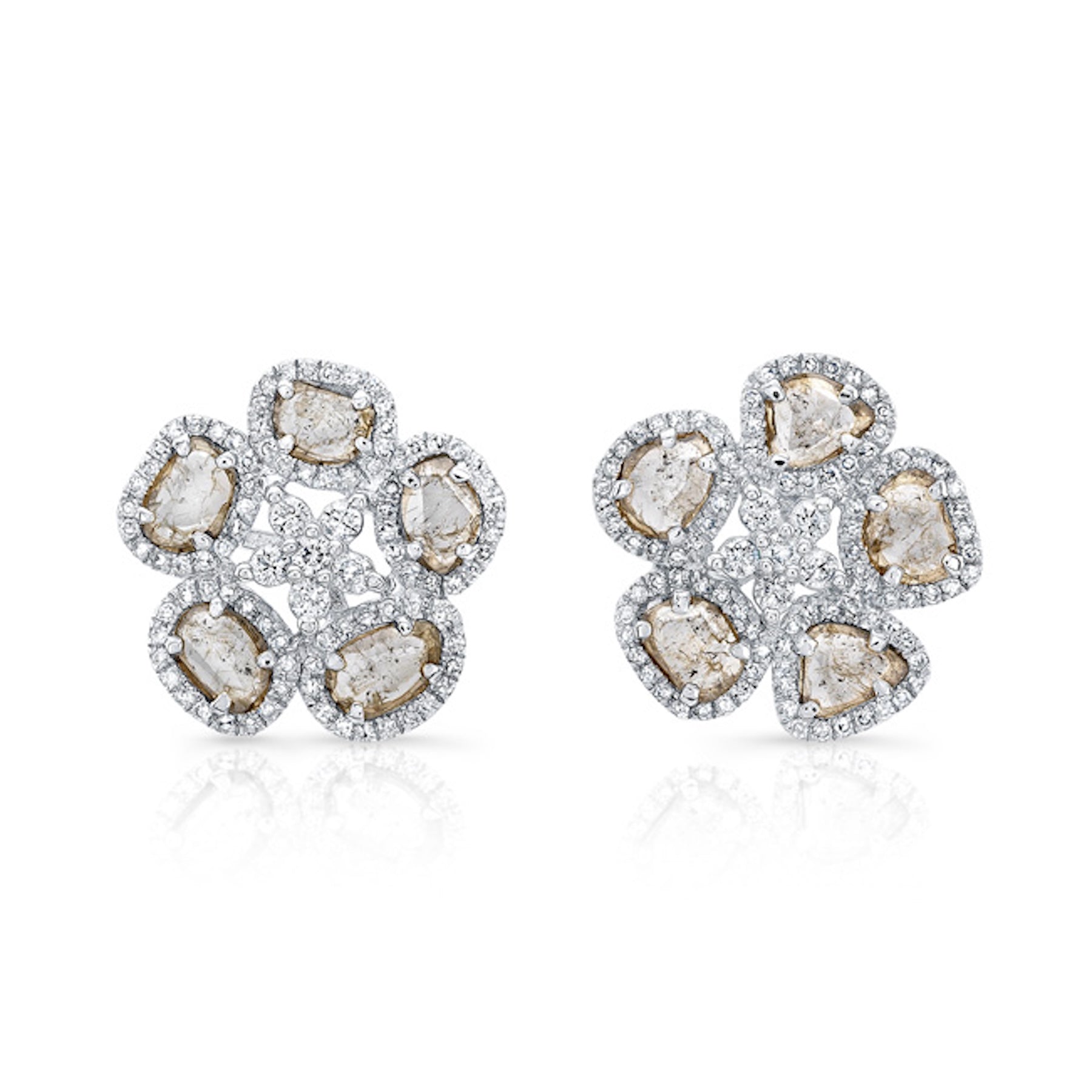 14KT White Gold Diamond Slice Flower Earrings